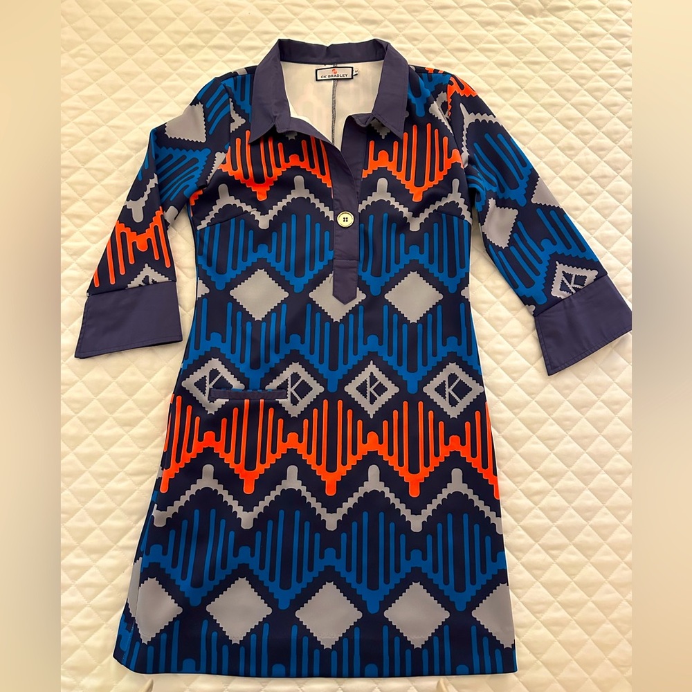 CK Bradley, colorful geometric pattern dress